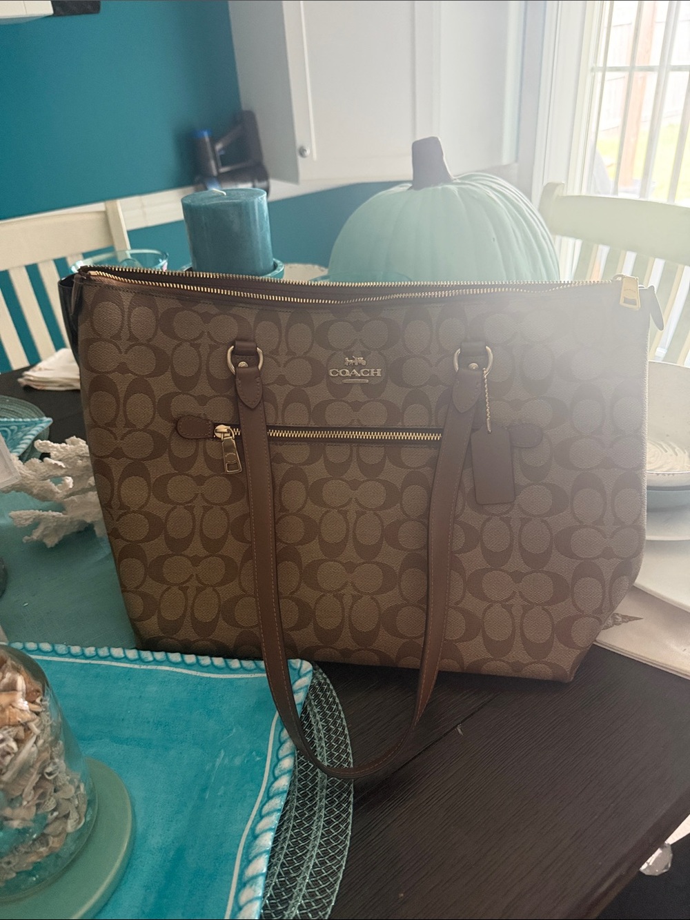 Coach Brown Signature Canvas Tote with Leather Trim